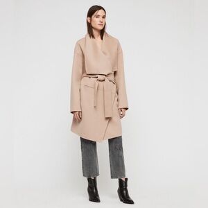 Women’s All Saints Adalee Wool Waterfall Neckline Wrap Coat Camel
